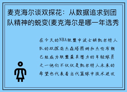 麦克海尔谈双探花：从数据追求到团队精神的蜕变(麦克海尔是哪一年选秀)